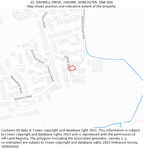 33, OAKWELL DRIVE, ASKERN, DONCASTER, DN6 0DA: Location map and indicative extent of plot