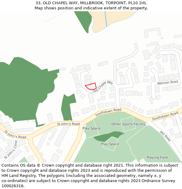 33, OLD CHAPEL WAY, MILLBROOK, TORPOINT, PL10 1HL: Location map and indicative extent of plot