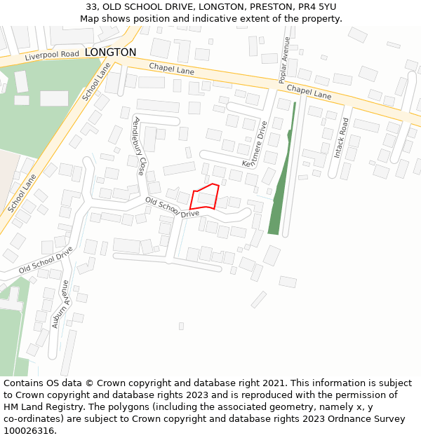 33, OLD SCHOOL DRIVE, LONGTON, PRESTON, PR4 5YU: Location map and indicative extent of plot