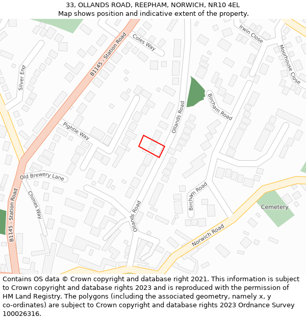 33, OLLANDS ROAD, REEPHAM, NORWICH, NR10 4EL: Location map and indicative extent of plot