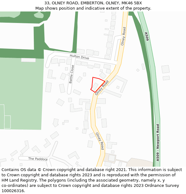 33, OLNEY ROAD, EMBERTON, OLNEY, MK46 5BX: Location map and indicative extent of plot