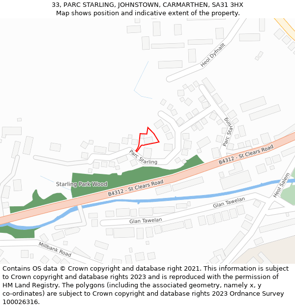 33, PARC STARLING, JOHNSTOWN, CARMARTHEN, SA31 3HX: Location map and indicative extent of plot