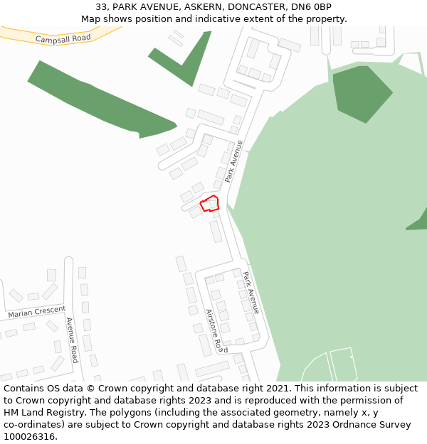 33, PARK AVENUE, ASKERN, DONCASTER, DN6 0BP: Location map and indicative extent of plot