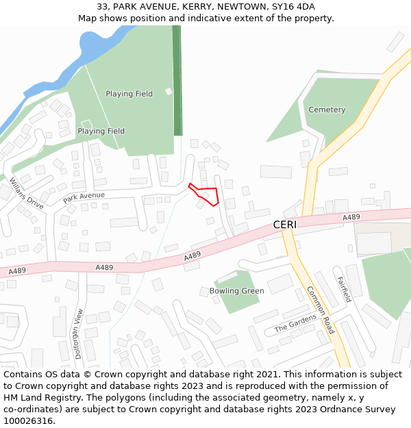 33, PARK AVENUE, KERRY, NEWTOWN, SY16 4DA: Location map and indicative extent of plot