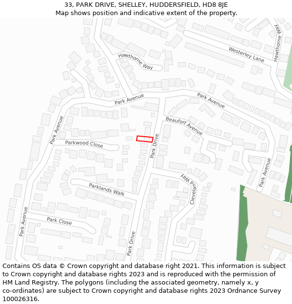 33, PARK DRIVE, SHELLEY, HUDDERSFIELD, HD8 8JE: Location map and indicative extent of plot