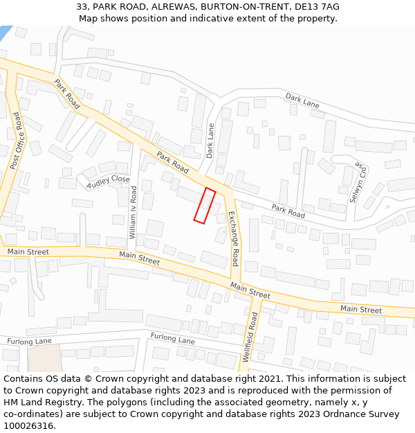 33, PARK ROAD, ALREWAS, BURTON-ON-TRENT, DE13 7AG: Location map and indicative extent of plot