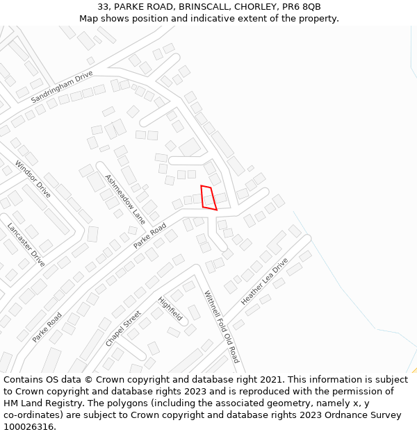 33, PARKE ROAD, BRINSCALL, CHORLEY, PR6 8QB: Location map and indicative extent of plot