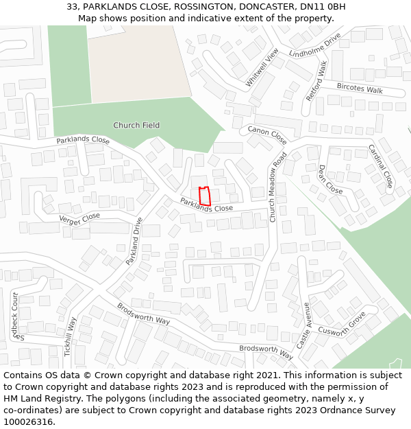 33, PARKLANDS CLOSE, ROSSINGTON, DONCASTER, DN11 0BH: Location map and indicative extent of plot