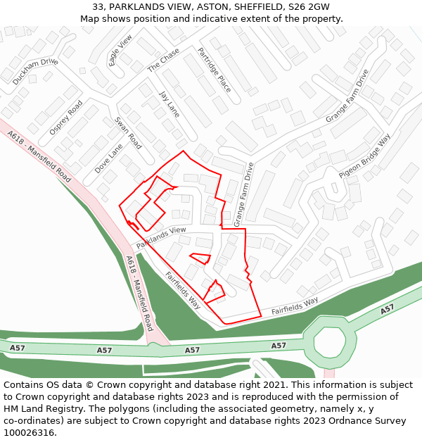 33, PARKLANDS VIEW, ASTON, SHEFFIELD, S26 2GW: Location map and indicative extent of plot