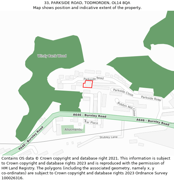 33, PARKSIDE ROAD, TODMORDEN, OL14 8QA: Location map and indicative extent of plot