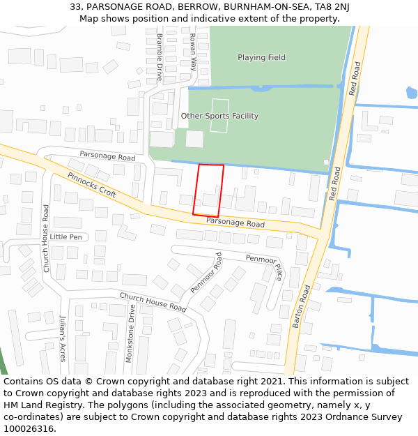 33, PARSONAGE ROAD, BERROW, BURNHAM-ON-SEA, TA8 2NJ: Location map and indicative extent of plot