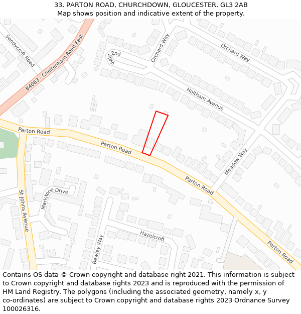 33, PARTON ROAD, CHURCHDOWN, GLOUCESTER, GL3 2AB: Location map and indicative extent of plot