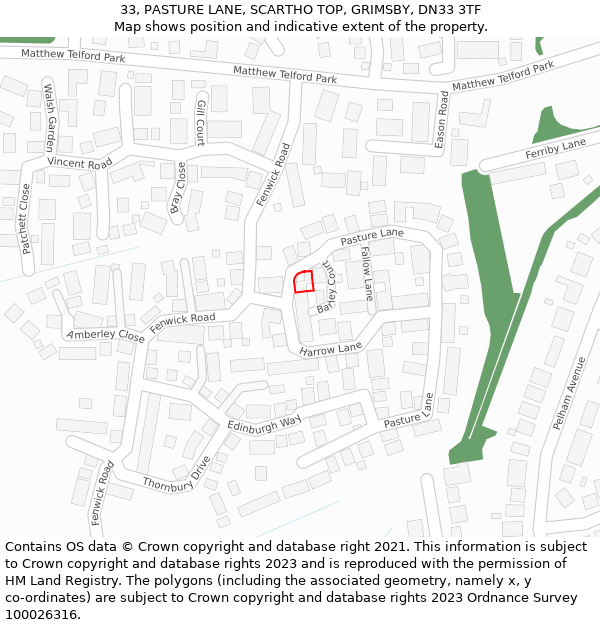 33, PASTURE LANE, SCARTHO TOP, GRIMSBY, DN33 3TF: Location map and indicative extent of plot