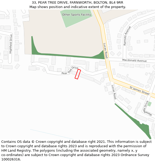 33, PEAR TREE DRIVE, FARNWORTH, BOLTON, BL4 9RR: Location map and indicative extent of plot