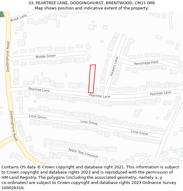 33, PEARTREE LANE, DODDINGHURST, BRENTWOOD, CM15 0RR: Location map and indicative extent of plot