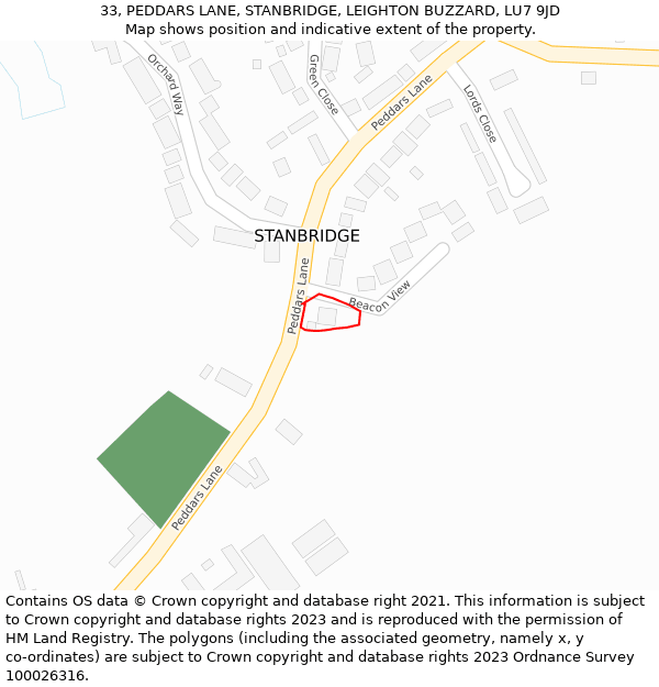 33, PEDDARS LANE, STANBRIDGE, LEIGHTON BUZZARD, LU7 9JD: Location map and indicative extent of plot