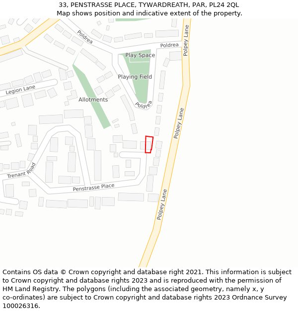 33, PENSTRASSE PLACE, TYWARDREATH, PAR, PL24 2QL: Location map and indicative extent of plot