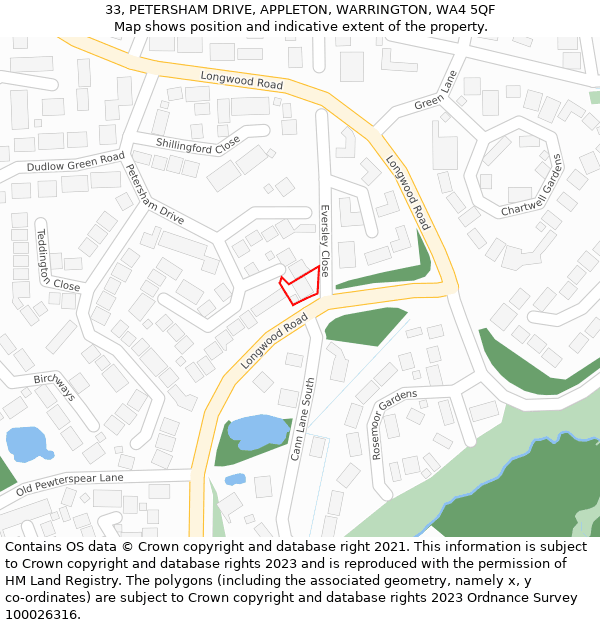 33, PETERSHAM DRIVE, APPLETON, WARRINGTON, WA4 5QF: Location map and indicative extent of plot