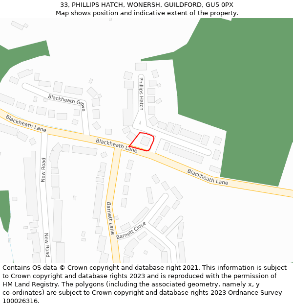 33, PHILLIPS HATCH, WONERSH, GUILDFORD, GU5 0PX: Location map and indicative extent of plot