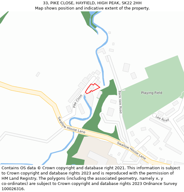 33, PIKE CLOSE, HAYFIELD, HIGH PEAK, SK22 2HH: Location map and indicative extent of plot