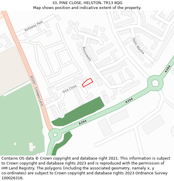 33, PINE CLOSE, HELSTON, TR13 8QG: Location map and indicative extent of plot