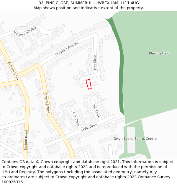 33, PINE CLOSE, SUMMERHILL, WREXHAM, LL11 4UG: Location map and indicative extent of plot