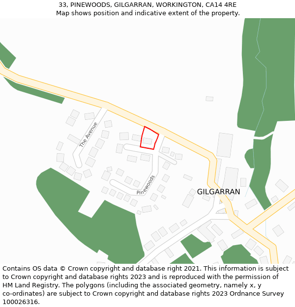 33, PINEWOODS, GILGARRAN, WORKINGTON, CA14 4RE: Location map and indicative extent of plot