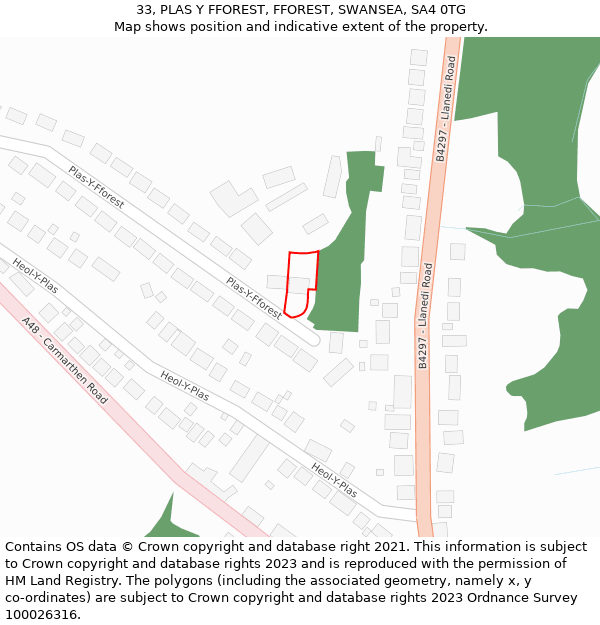 33, PLAS Y FFOREST, FFOREST, SWANSEA, SA4 0TG: Location map and indicative extent of plot