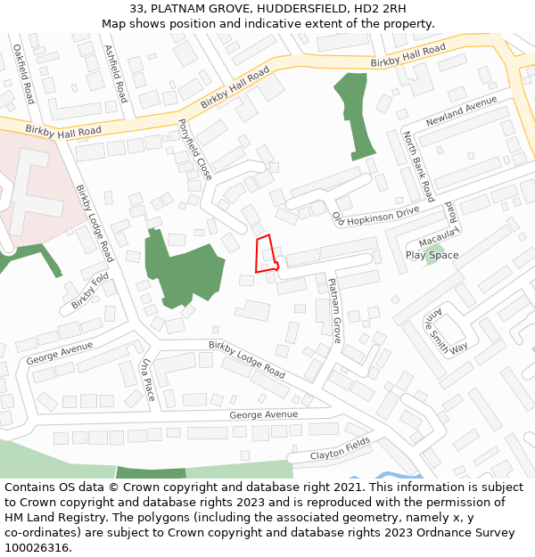33, PLATNAM GROVE, HUDDERSFIELD, HD2 2RH: Location map and indicative extent of plot