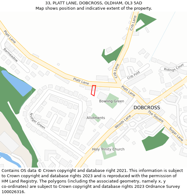 33, PLATT LANE, DOBCROSS, OLDHAM, OL3 5AD: Location map and indicative extent of plot