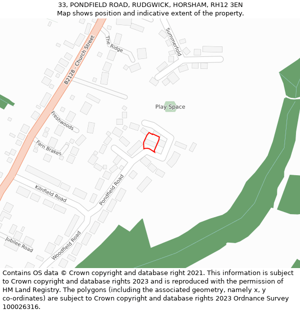 33, PONDFIELD ROAD, RUDGWICK, HORSHAM, RH12 3EN: Location map and indicative extent of plot