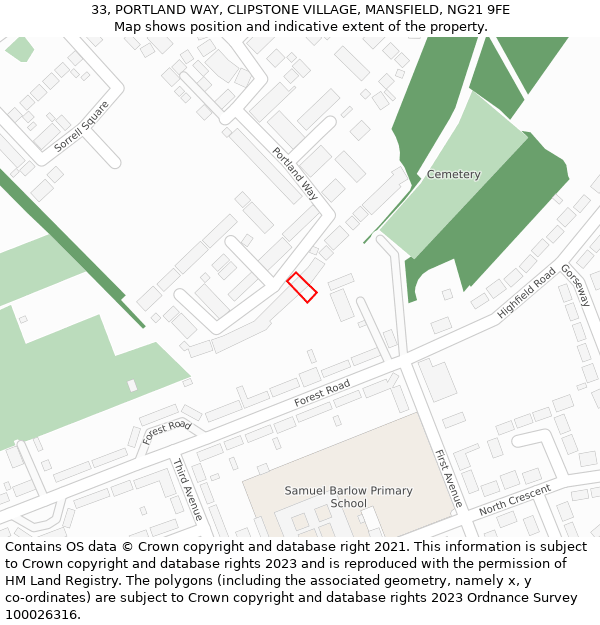 33, PORTLAND WAY, CLIPSTONE VILLAGE, MANSFIELD, NG21 9FE: Location map and indicative extent of plot