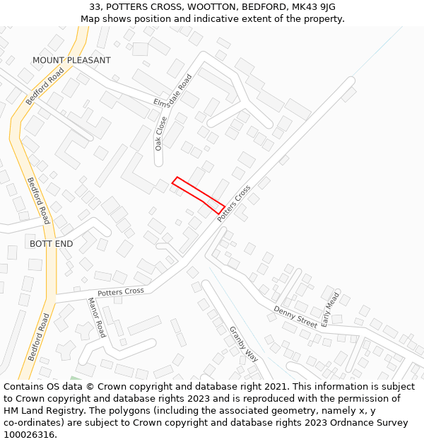 33, POTTERS CROSS, WOOTTON, BEDFORD, MK43 9JG: Location map and indicative extent of plot