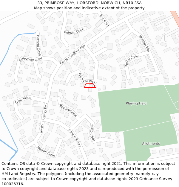 33, PRIMROSE WAY, HORSFORD, NORWICH, NR10 3SA: Location map and indicative extent of plot