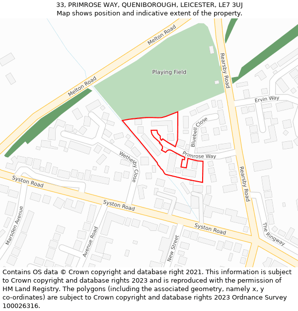33, PRIMROSE WAY, QUENIBOROUGH, LEICESTER, LE7 3UJ: Location map and indicative extent of plot