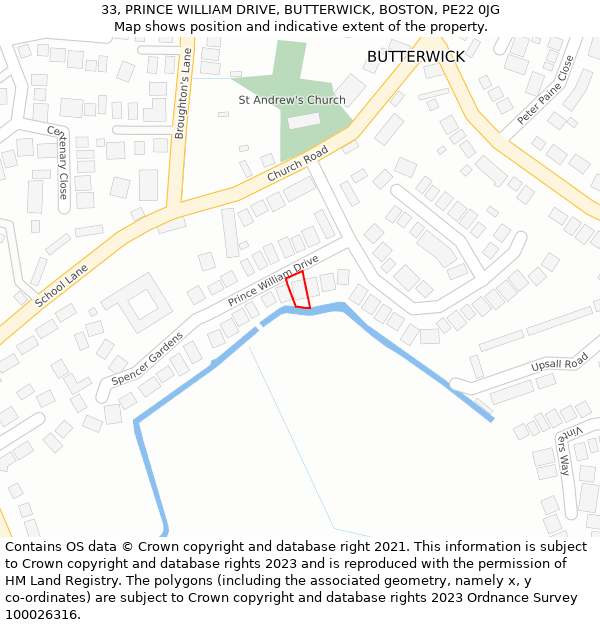 33, PRINCE WILLIAM DRIVE, BUTTERWICK, BOSTON, PE22 0JG: Location map and indicative extent of plot