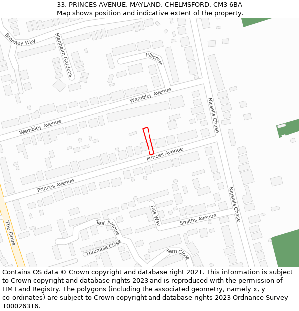 33, PRINCES AVENUE, MAYLAND, CHELMSFORD, CM3 6BA: Location map and indicative extent of plot