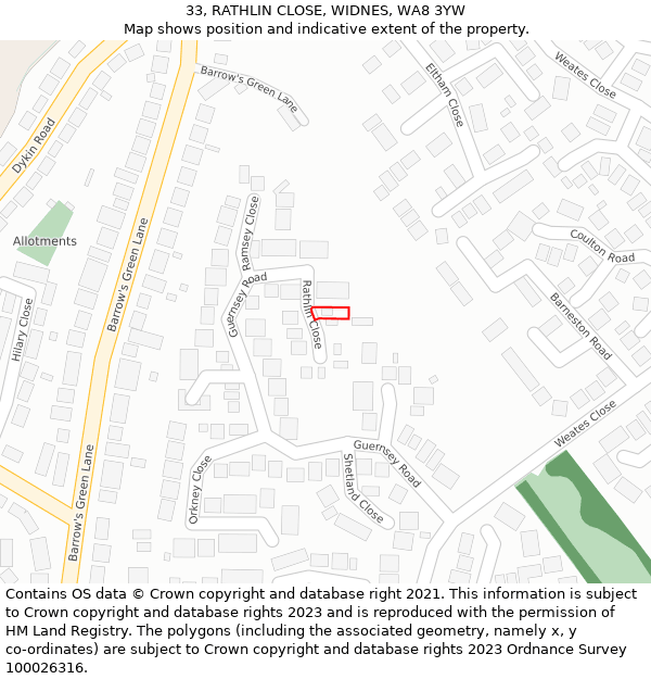 33, RATHLIN CLOSE, WIDNES, WA8 3YW: Location map and indicative extent of plot