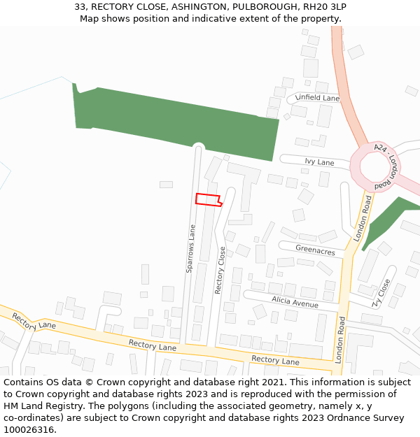 33, RECTORY CLOSE, ASHINGTON, PULBOROUGH, RH20 3LP: Location map and indicative extent of plot