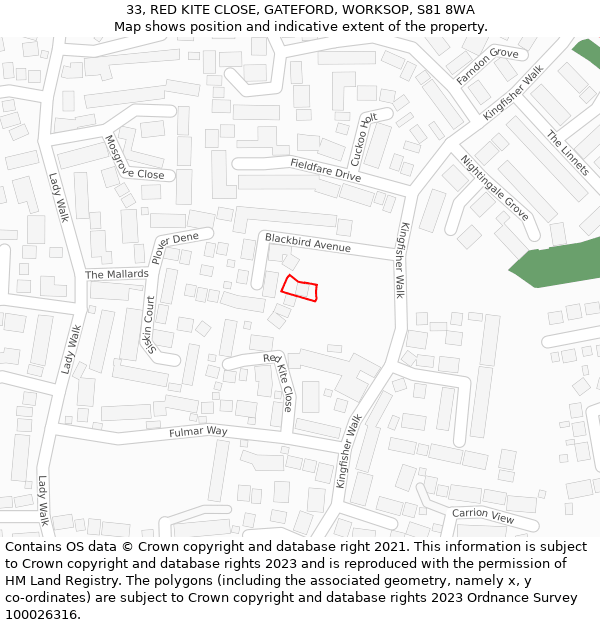 33, RED KITE CLOSE, GATEFORD, WORKSOP, S81 8WA: Location map and indicative extent of plot