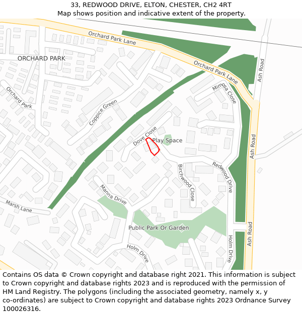 33, REDWOOD DRIVE, ELTON, CHESTER, CH2 4RT: Location map and indicative extent of plot