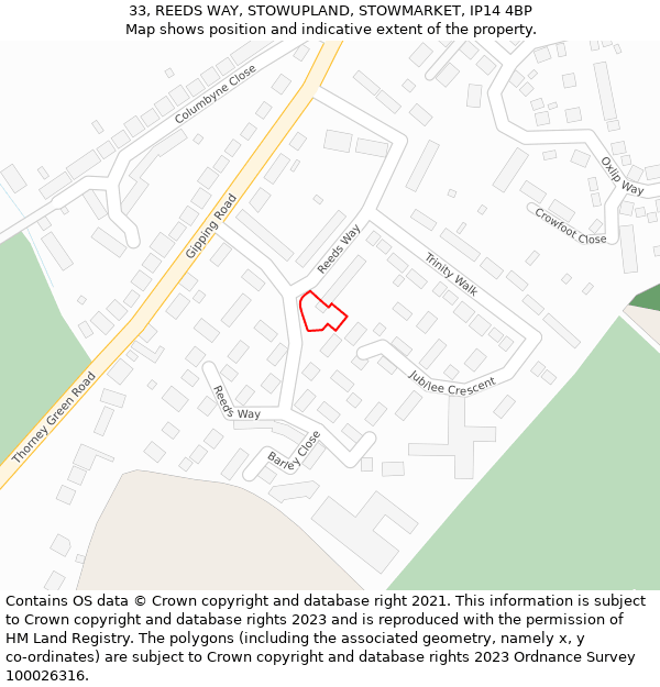 33, REEDS WAY, STOWUPLAND, STOWMARKET, IP14 4BP: Location map and indicative extent of plot