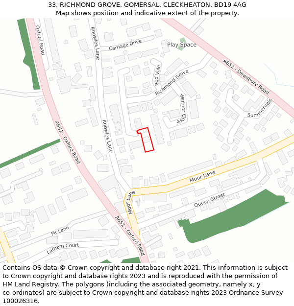 33, RICHMOND GROVE, GOMERSAL, CLECKHEATON, BD19 4AG: Location map and indicative extent of plot