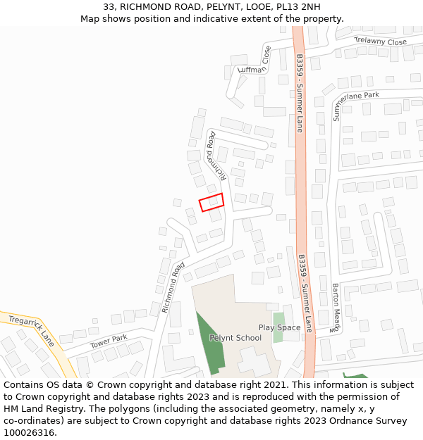 33, RICHMOND ROAD, PELYNT, LOOE, PL13 2NH: Location map and indicative extent of plot