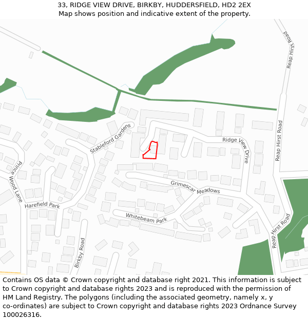 33, RIDGE VIEW DRIVE, BIRKBY, HUDDERSFIELD, HD2 2EX: Location map and indicative extent of plot