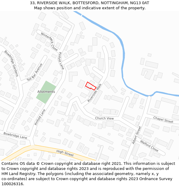 33, RIVERSIDE WALK, BOTTESFORD, NOTTINGHAM, NG13 0AT: Location map and indicative extent of plot