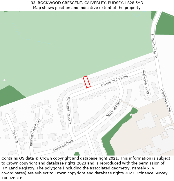 33, ROCKWOOD CRESCENT, CALVERLEY, PUDSEY, LS28 5AD: Location map and indicative extent of plot