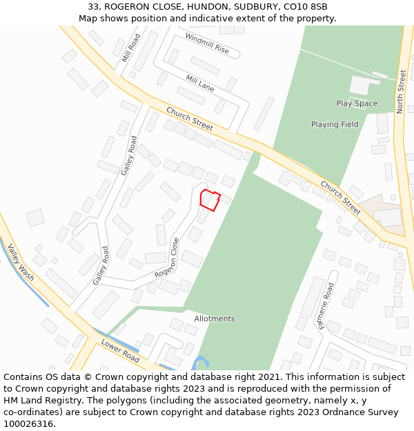 33, ROGERON CLOSE, HUNDON, SUDBURY, CO10 8SB: Location map and indicative extent of plot