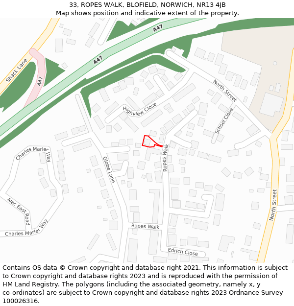 33, ROPES WALK, BLOFIELD, NORWICH, NR13 4JB: Location map and indicative extent of plot