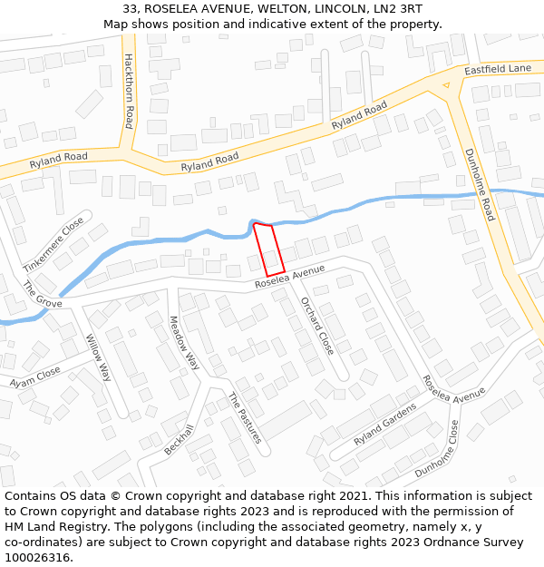 33, ROSELEA AVENUE, WELTON, LINCOLN, LN2 3RT: Location map and indicative extent of plot